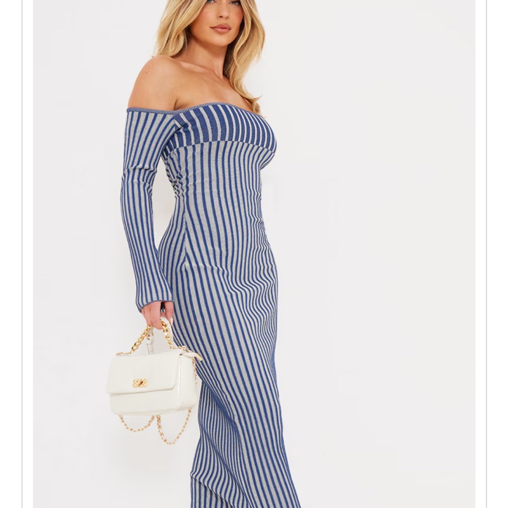 Blue Striped Off-Shoulder Dress